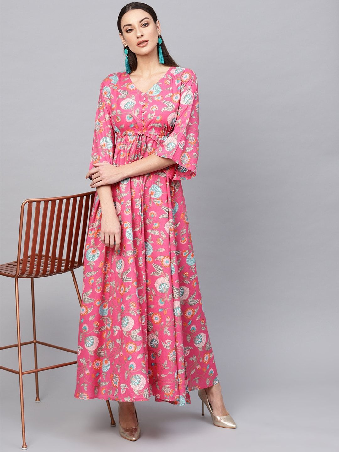 Women's  Printed Pink & Blue Floral Print Maxi Dress