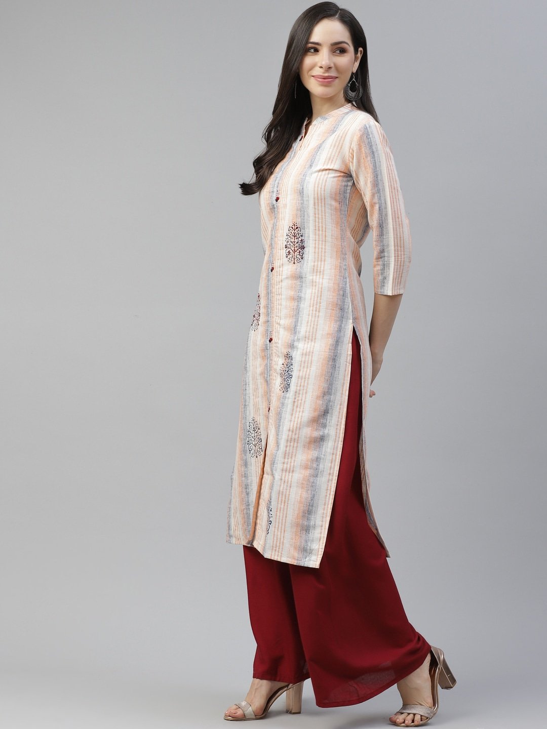 Women's Peach & Blue Striped Kurta