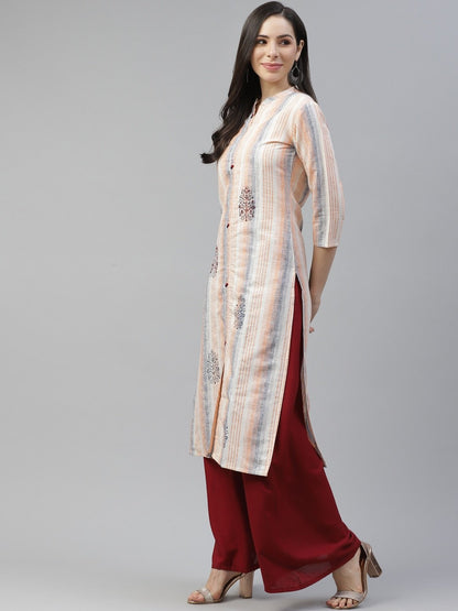 Women's Peach & Blue Striped Kurta