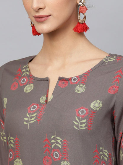 Women's  Taupe & Green Printed Kurta with Palazzos
