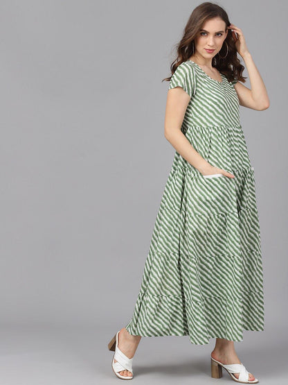 Women's  Green & White Striped Maxi Dress