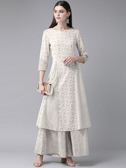 Women's  Off-White & Charcoal Grey Printed Kurta with Palazzos