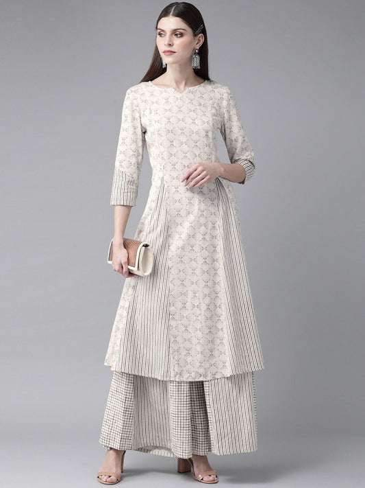 Women's  Off-White & Charcoal Grey Printed Kurta with Palazzos