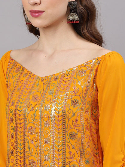 Women's  Yellow & Gold-Toned Embroidered Made To Measure Kurta with Palazzos