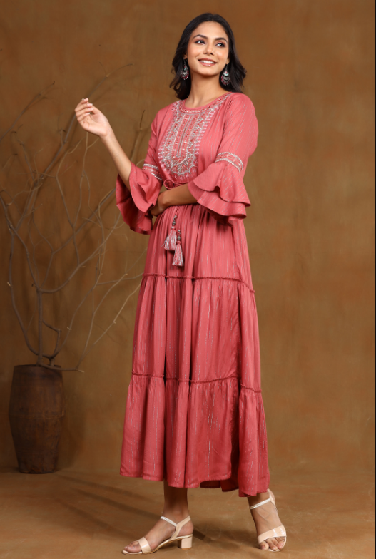 Women's Rosepink Rayon Lurex Embroidered Tiered Dress