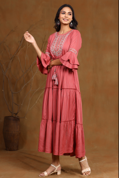 Women's Rosepink Rayon Lurex Embroidered Tiered Dress