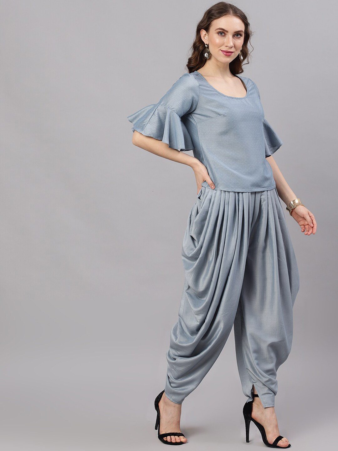 Women's Pastel Blue Chinon Design Top With Dhoti Pant