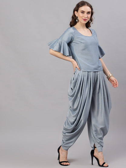 Women's Pastel Blue Chinon Design Top With Dhoti Pant