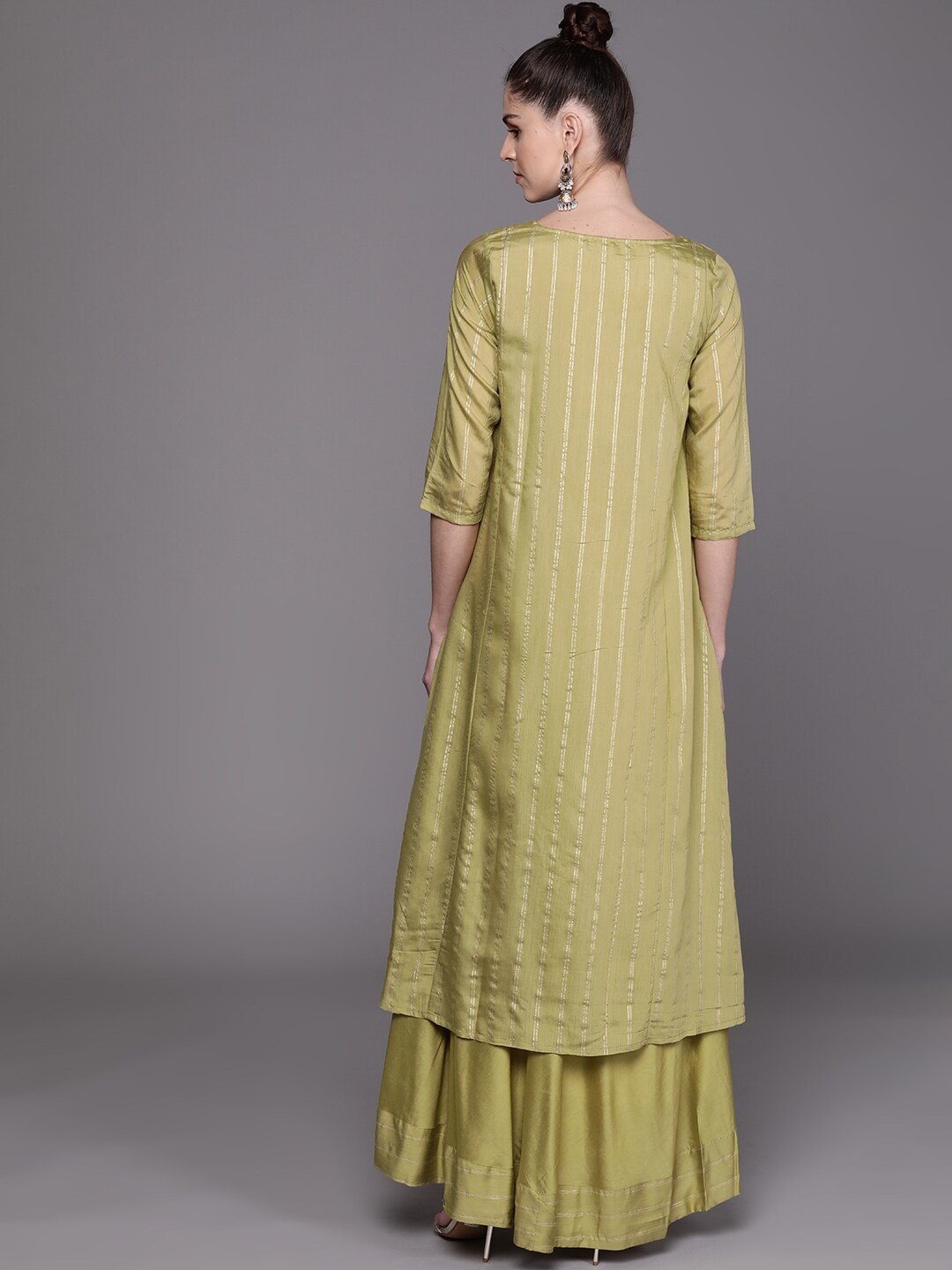 Women's  Olive Green & Golden Striped Layered Maxi Dress