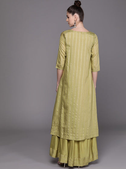 Women's  Olive Green & Golden Striped Layered Maxi Dress
