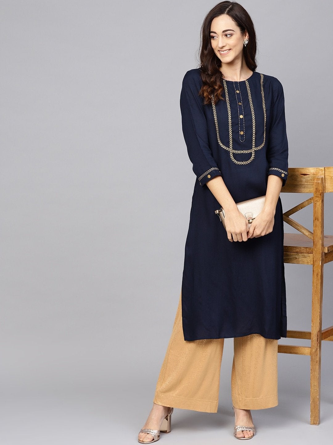 Women's Navy Blue & Golden Yoke Design Straight Kurta