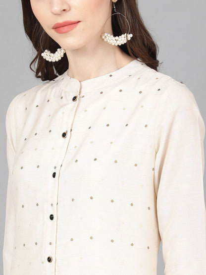 Women's  Off-White & Gold-Coloured Woven Design Straight Kurta