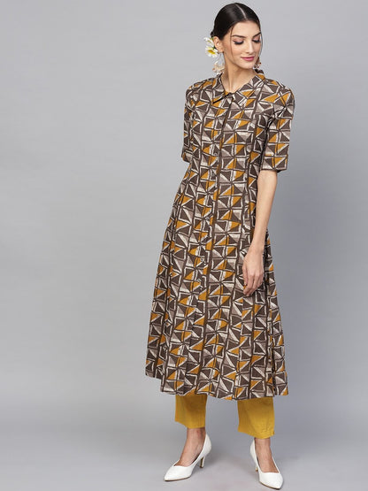 Women's  Taupe & Mustard Printed A-Line Kurta