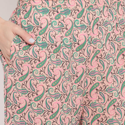 Women's Foil Print & Gota Patti Work Straight Cotton Peach Kurta,Pant & Dupatta