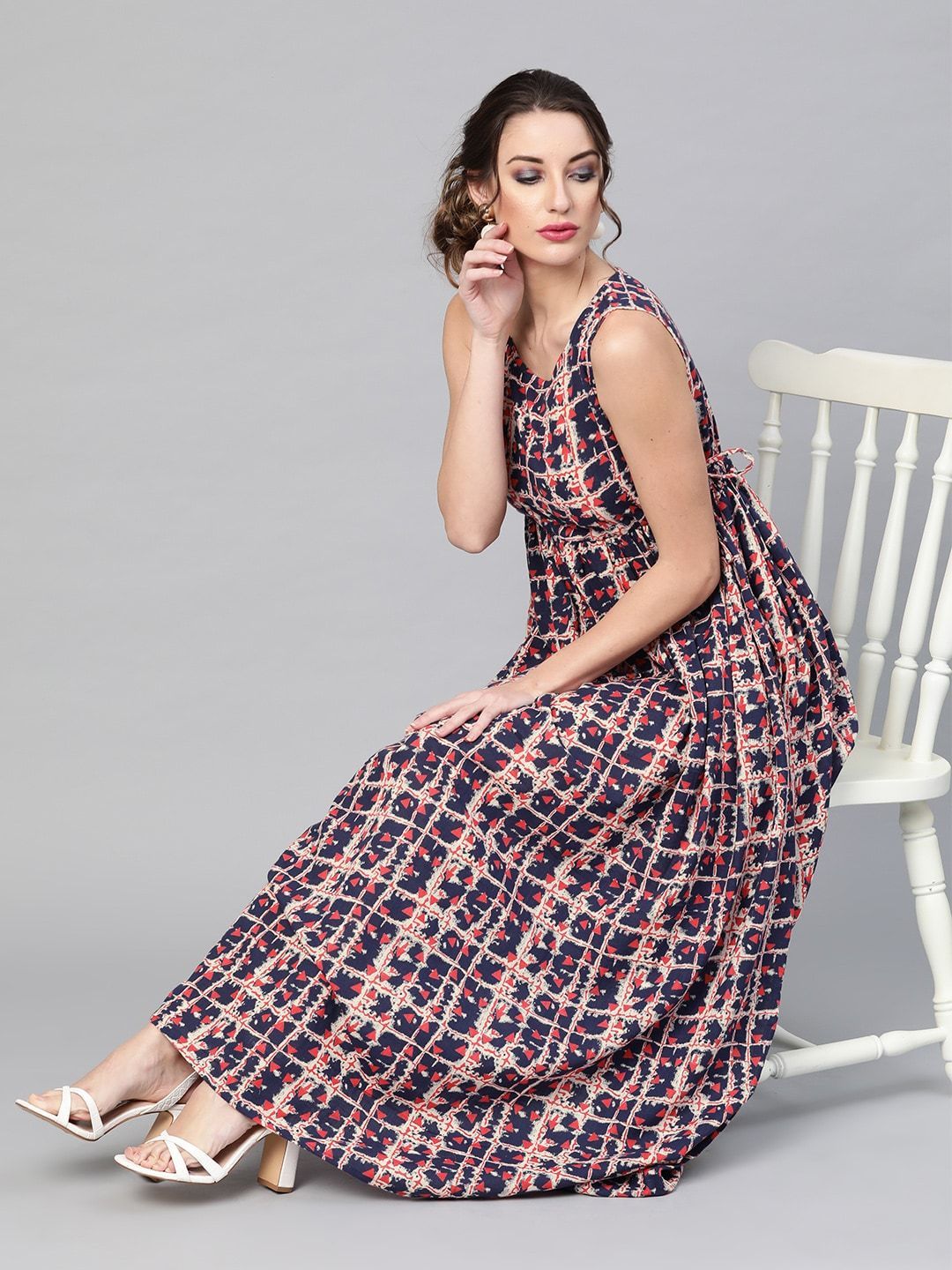 Women's  Navy Blue & Pink Printed Maxi Dress