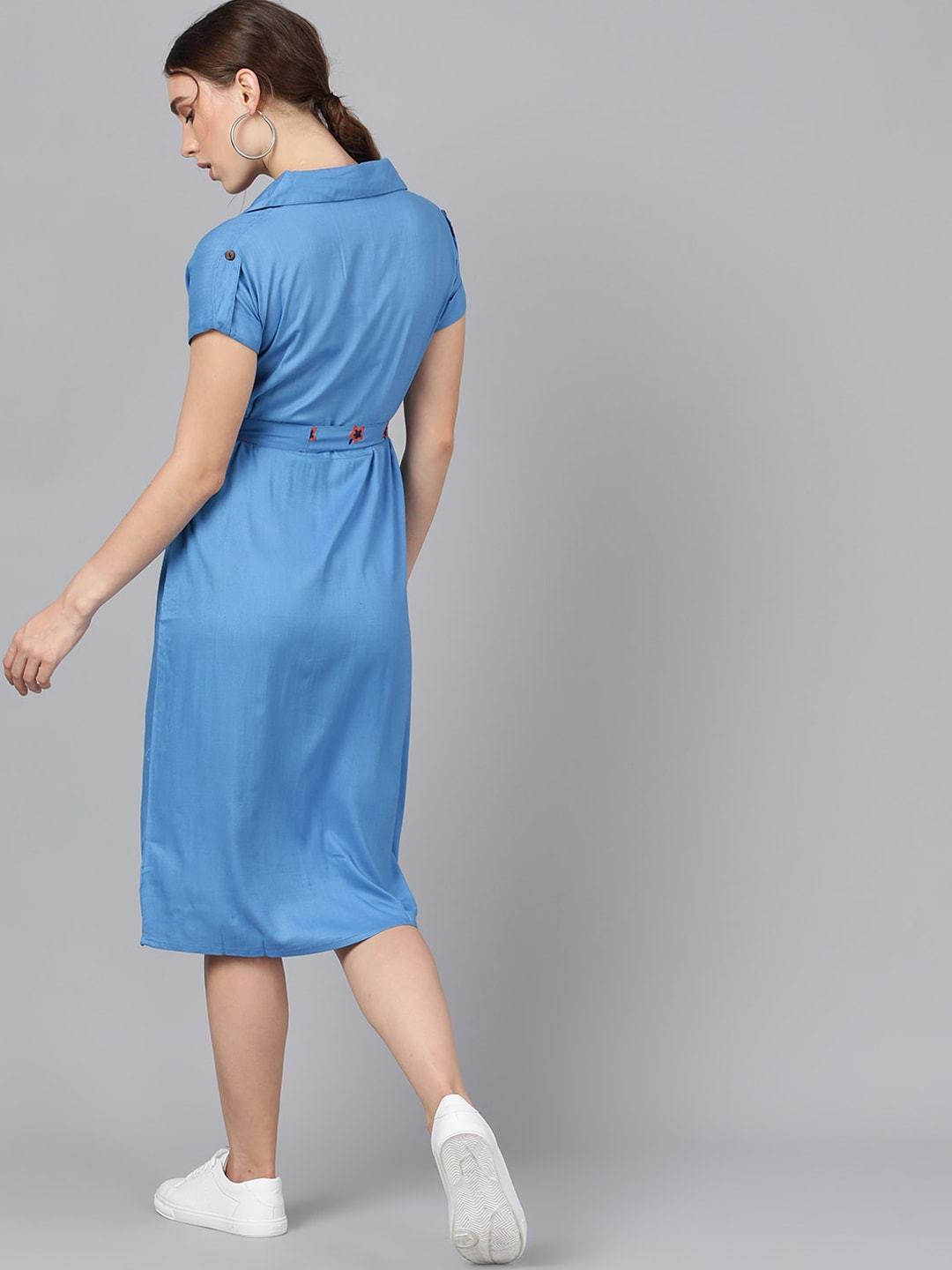 Women's  Blue Solid Shirt Dress With Belt