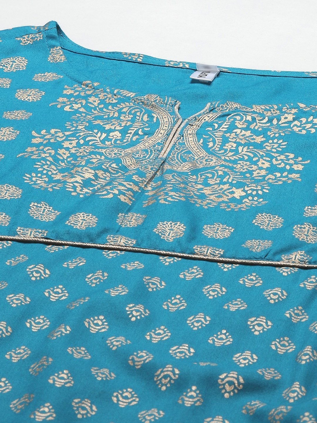 Women's Teal Blue & Off-White Printed Kurta Set
