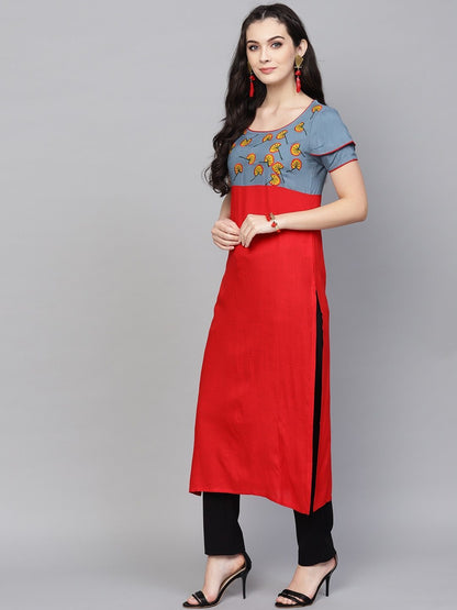Women's  Red & Grey Yoke Design Empire Straight Kurta