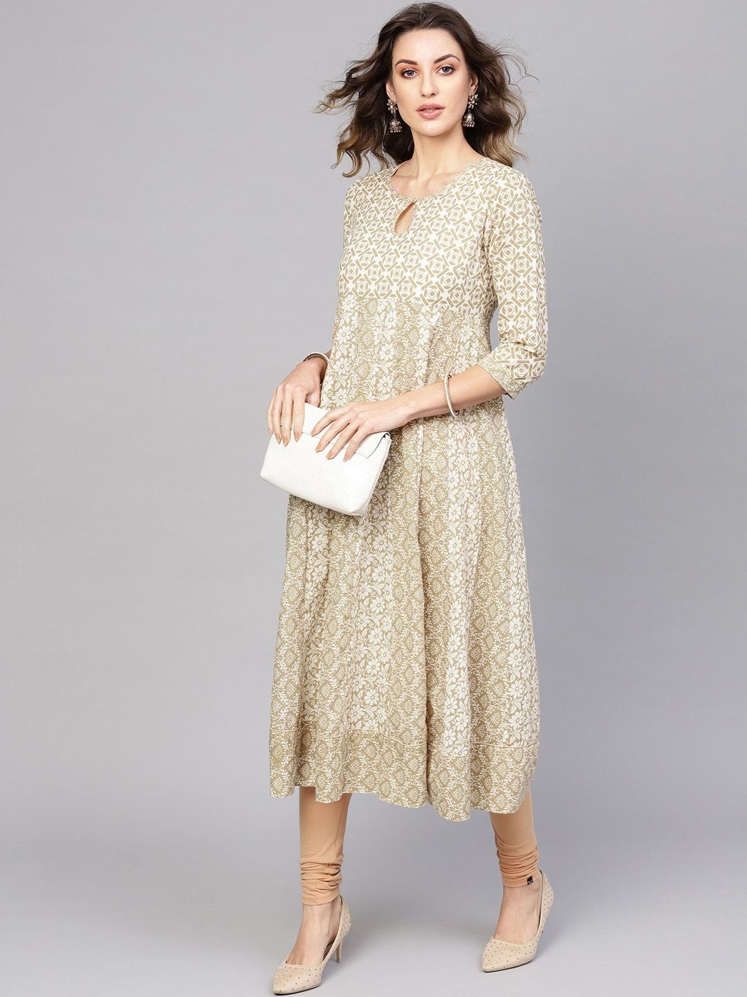 Women's  Off-White & Beige Printed Anarkali Kurta