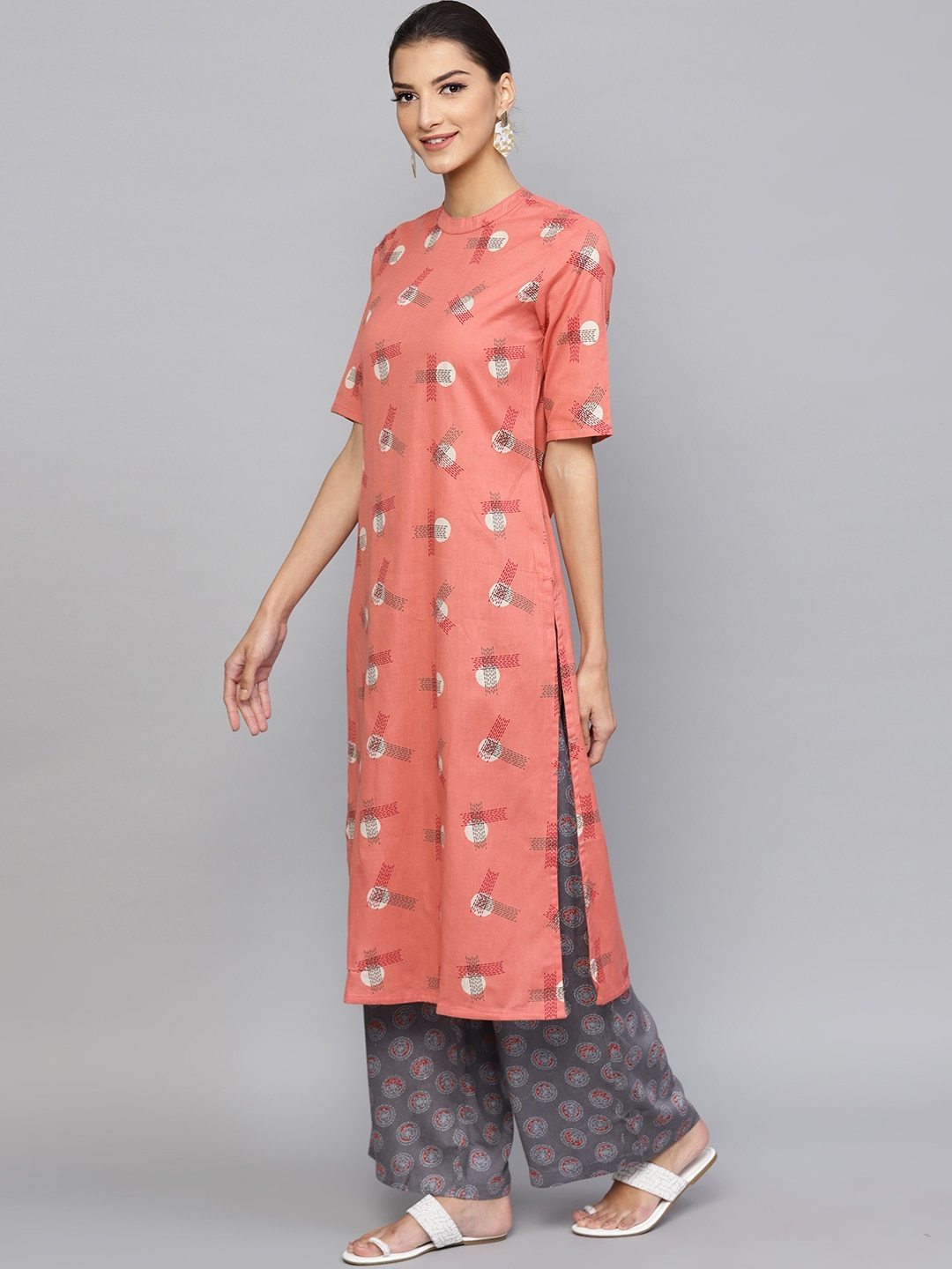 Women's  Pink & Grey Printed Kurta with Palazzos