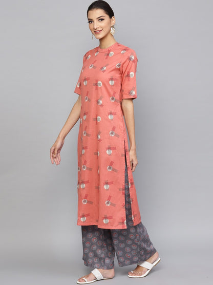 Women's  Pink & Grey Printed Kurta with Palazzos