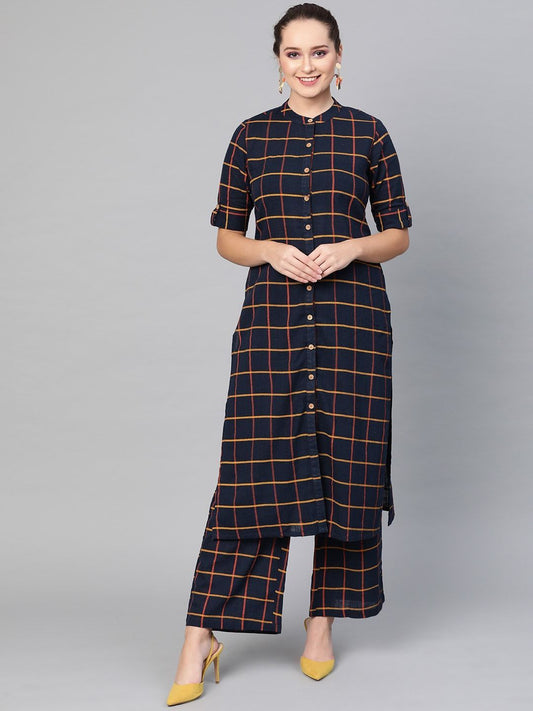 Women's  Navy Blue & Yellow Checked Kurta with Palazzos