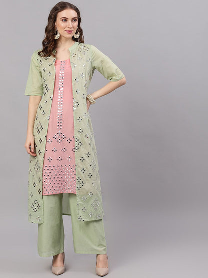 Women's  Green & Pink Mirror Work Kurta with Palazzos & Ethnic Shrug