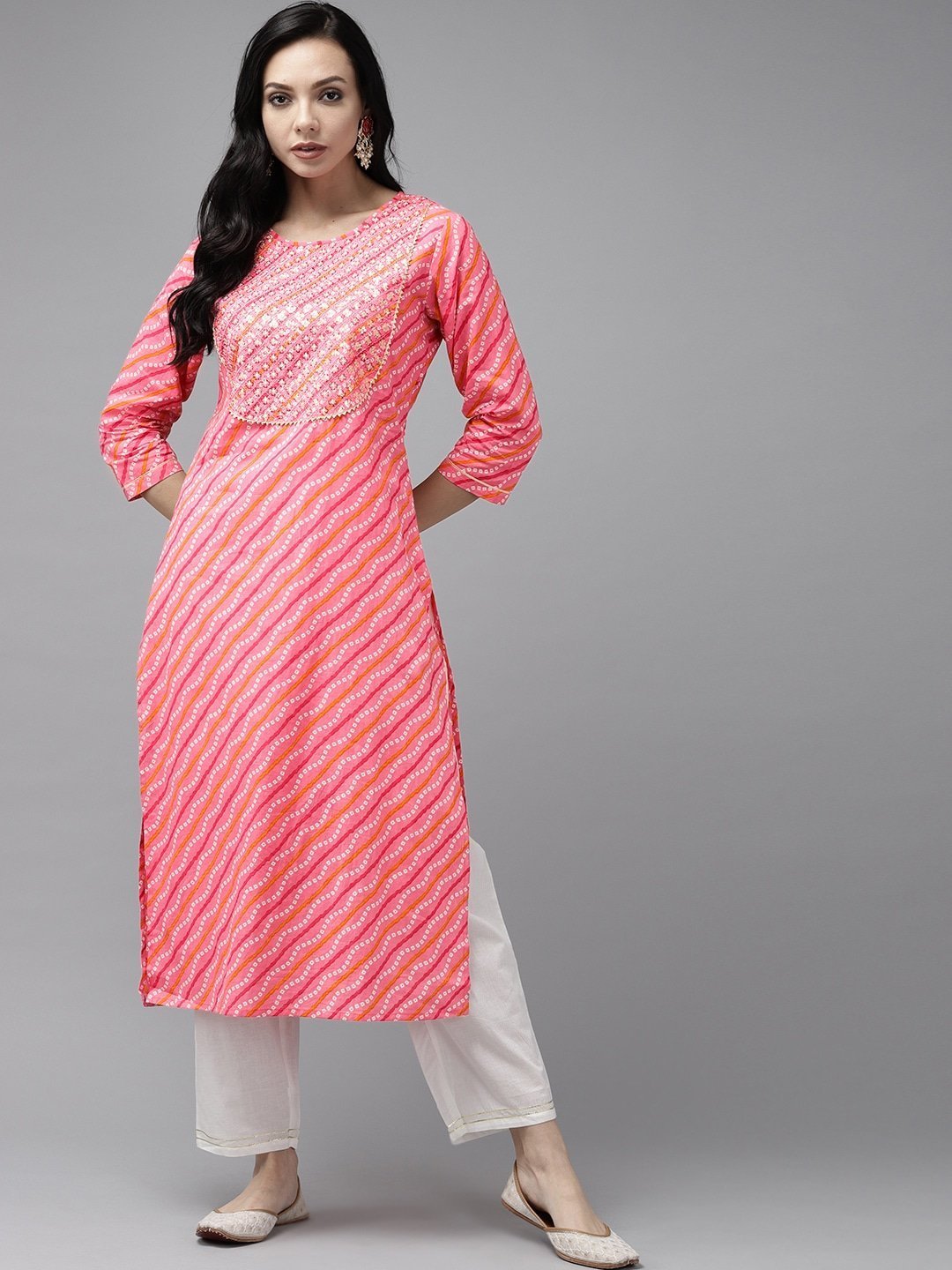 Women's Pink Bandhani Yoke Design Kurta Set