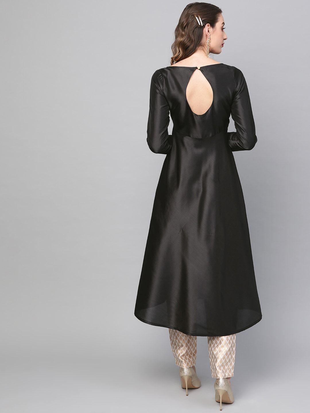 Women's  Black Solid Satin Finish Anarkali Kurta