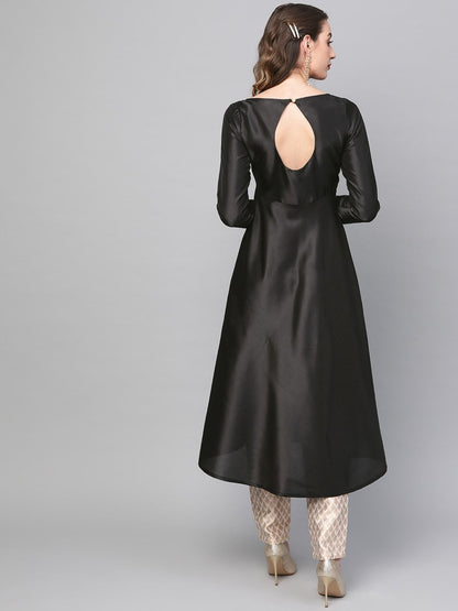 Women's  Black Solid Satin Finish Anarkali Kurta