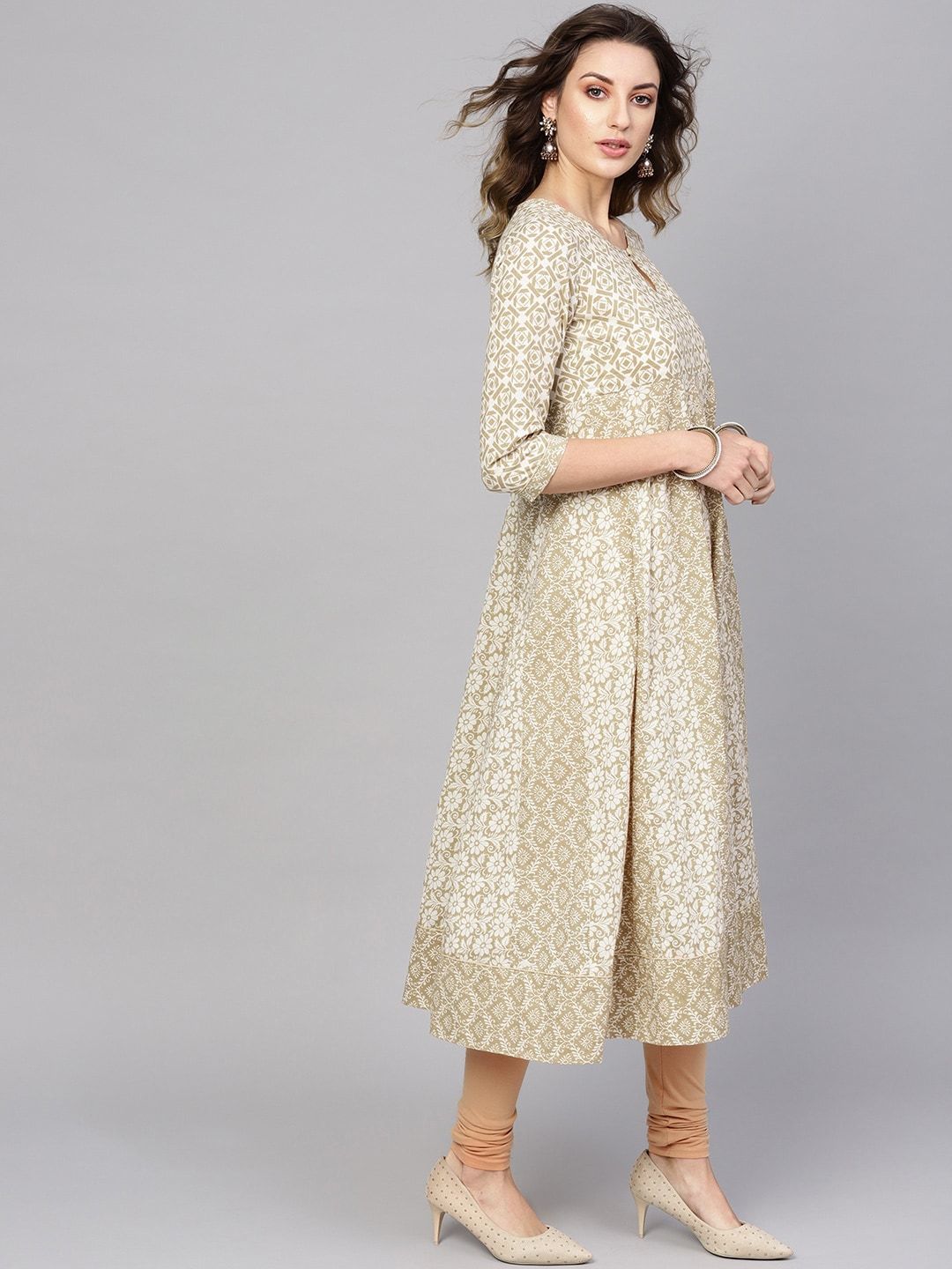 Women's  Off-White & Beige Printed Anarkali Kurta