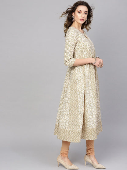 Women's  Off-White & Beige Printed Anarkali Kurta