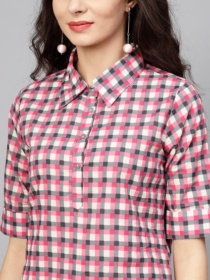 Women's  Pink & Grey Checked Kurta with Trousers