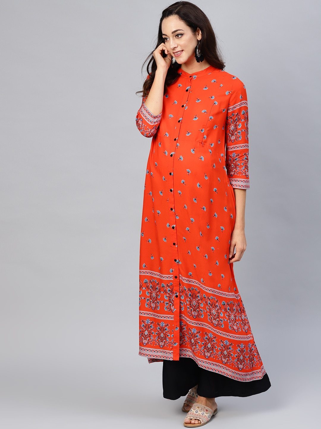 Women's  Orange & Teal Blue Printed A-Line Nursing Kurta