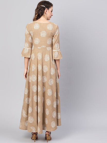 Women's  Beige & White Khari Print Maxi Dress