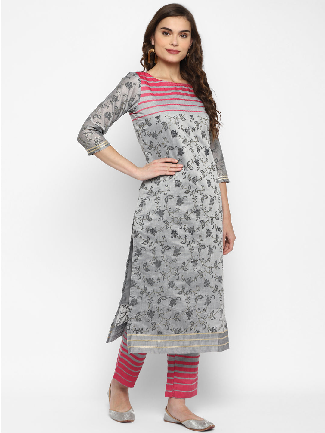 Women's Grey Color Chanderi Silk Straight Printed Kurta Pant Set