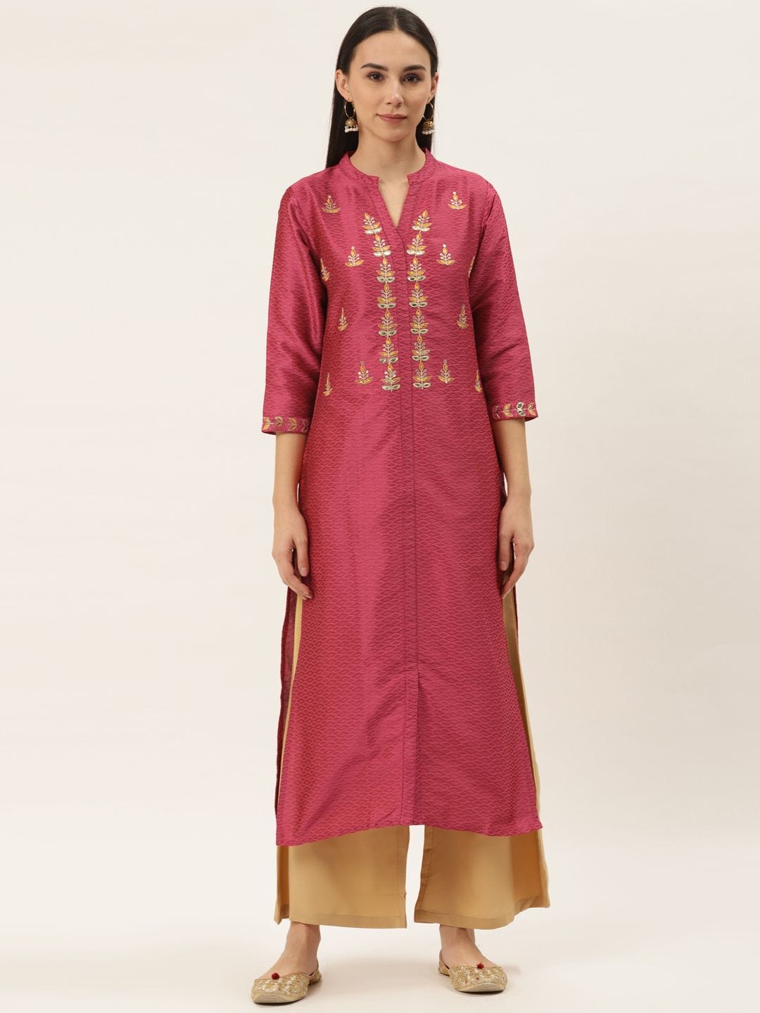 Women's Coral Pink Embroidered Straight Kurta
