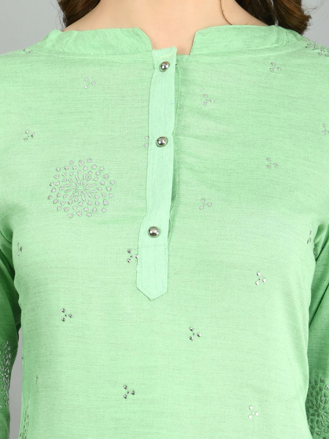 Women's Green Cotton Printed 3/4 Sleeve Mandarin Neck Casual Kurta Dupatta Set