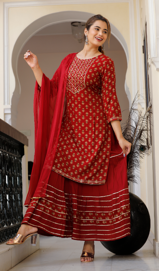 Women's Maroon Straight Kurta with Skirt And Dupatta