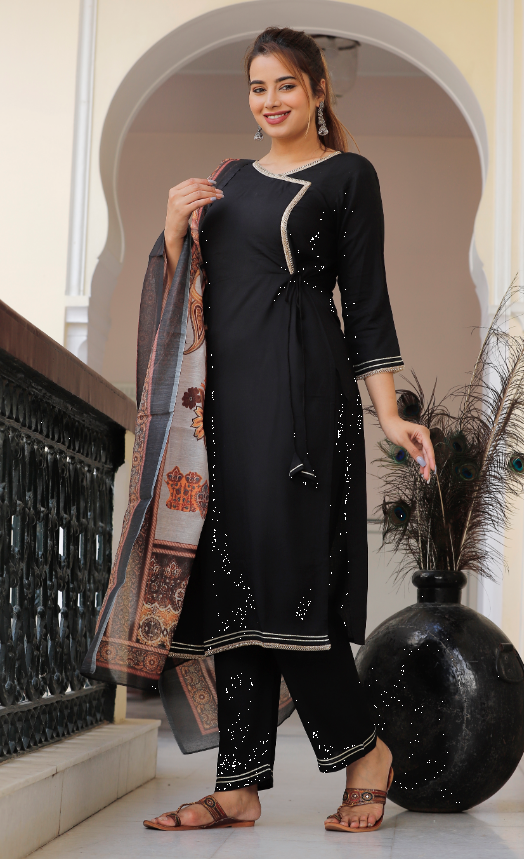 Women's Black Kurta And Pant Set With Dupatta