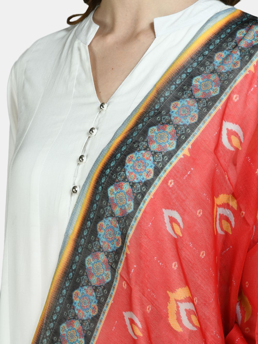 Women's White Viscose Solid Full Sleeve V Neck Casual Anarkali Kurta Dupatta Set