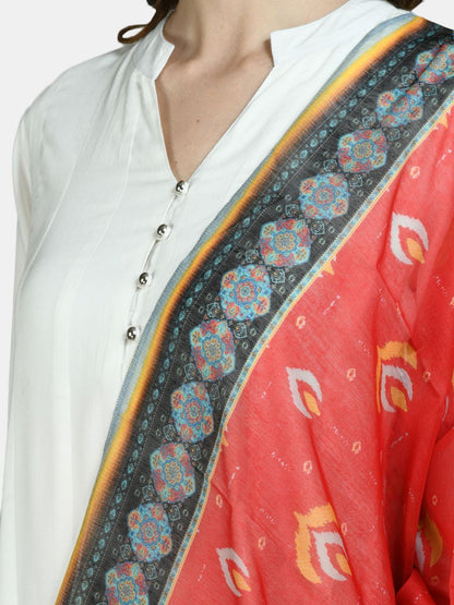 Women's White Viscose Solid Full Sleeve V Neck Casual Anarkali Kurta Dupatta Set