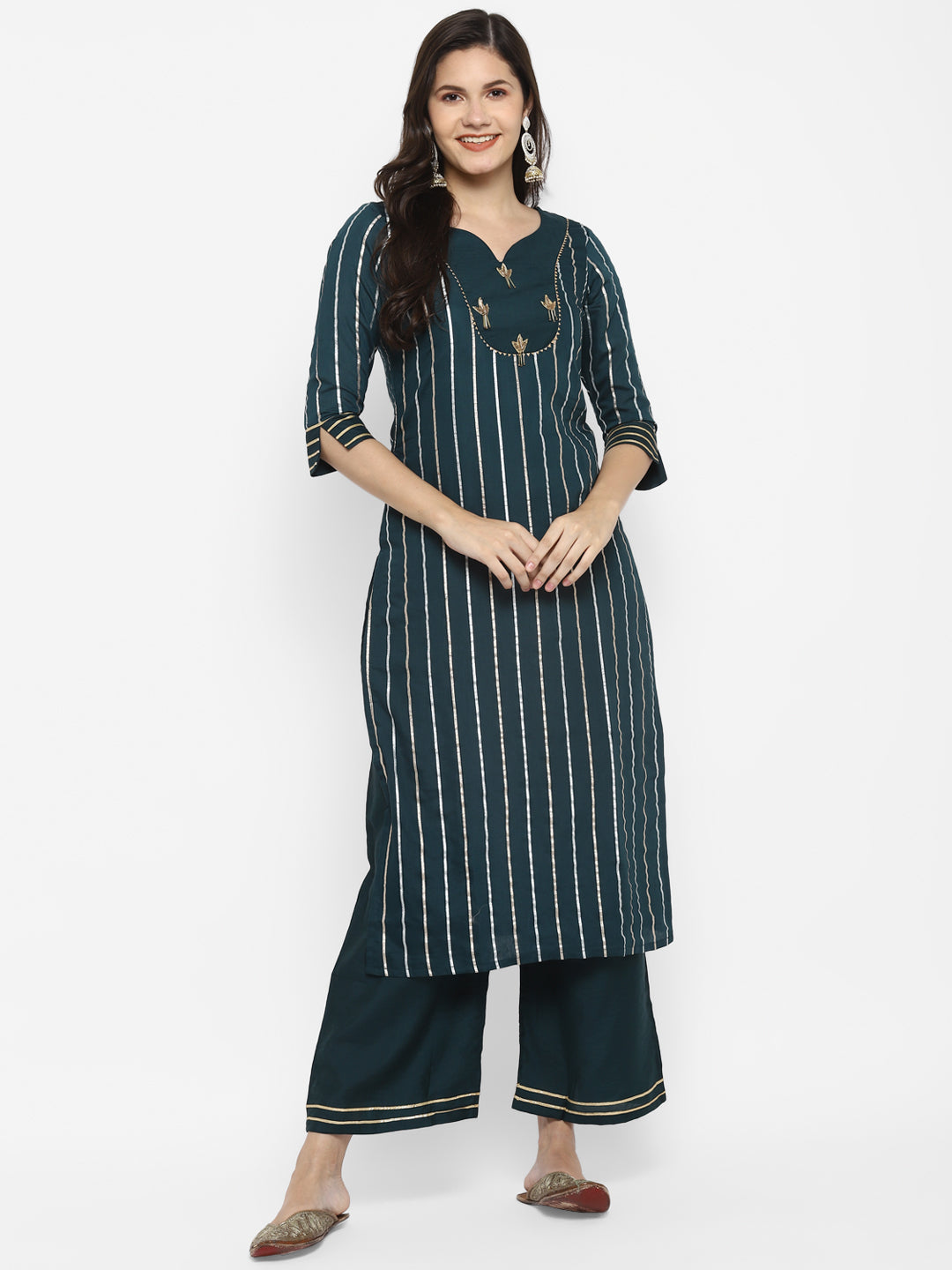 Women's Green Color Chanderi Silk Embroidered Straight Kurta Palazzo With Dupatta