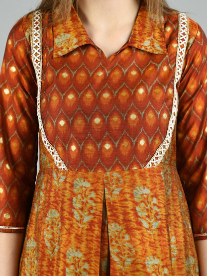 Women's Brown Silk Printed 3/4 Sleeve Shirt Coller Casual Dress
