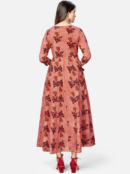 Women's Printed & Hand Work Anarkali Cotton Brown Kurta (1Pc)
