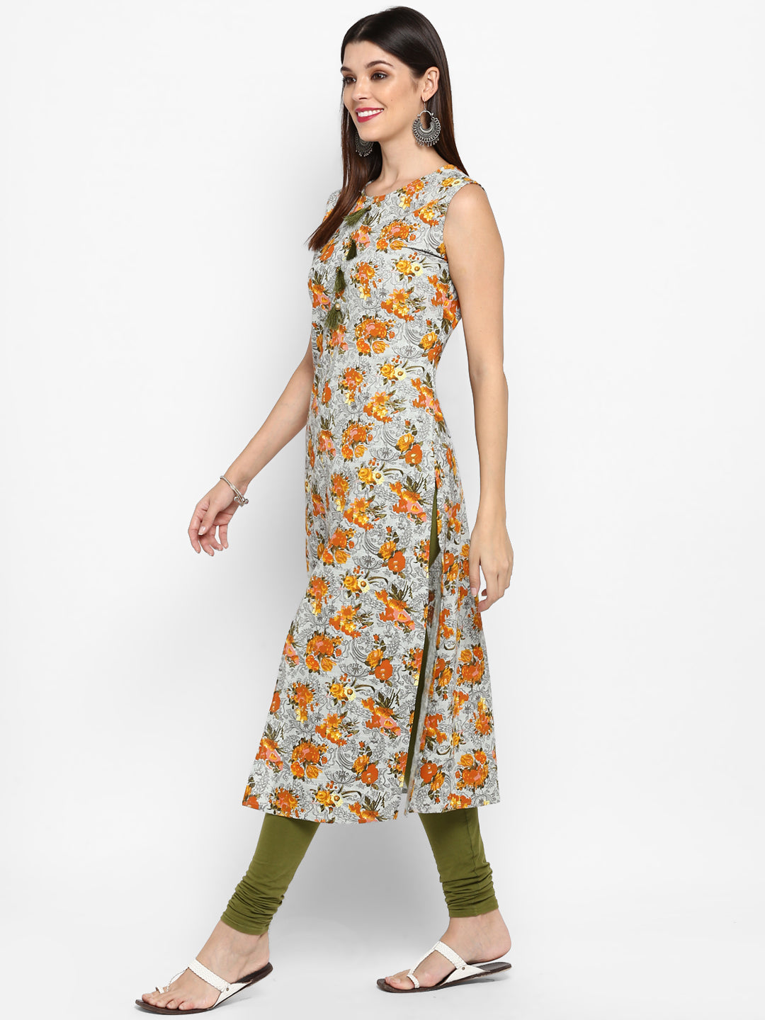 Women's Mustard & Grey Floral Printed Kurta By Vbuyz- (