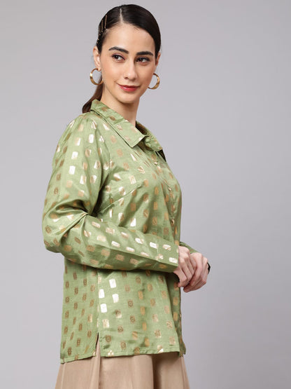 Women's Green Foil Printed Shirt