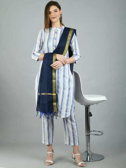 Women's White::Blue Cotton Printed 3/4 Sleeve Mandarin Neck Casual Kurta Pant Dupatta Set