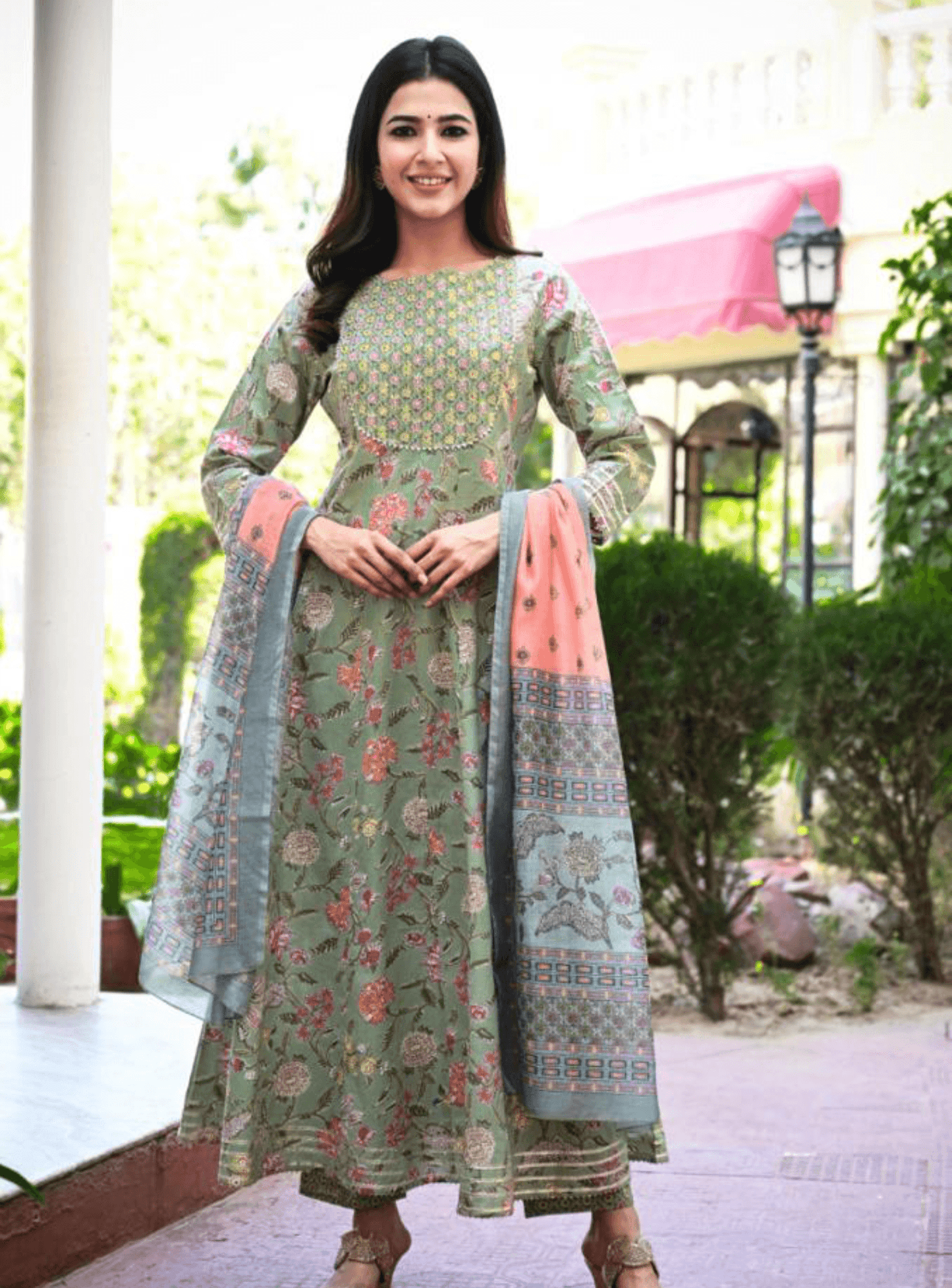 Women's Green Handblock Dupatta Set