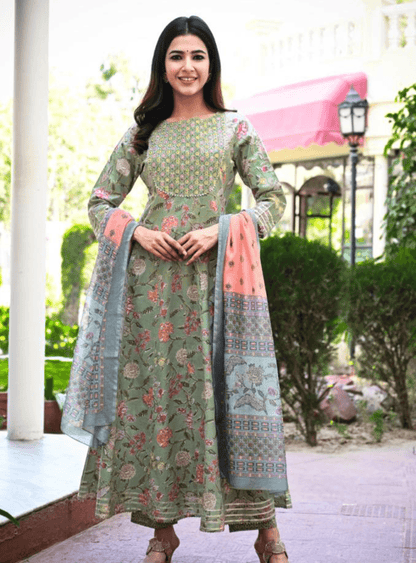 Women's Green Handblock Dupatta Set